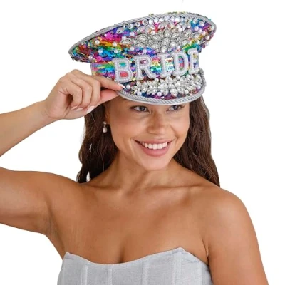 Image of Ginger Ray Embellished Rainbow Sequins and Faux Pearls &#039;Bride&#039; Cap Hen Party Hat, Multicoloured