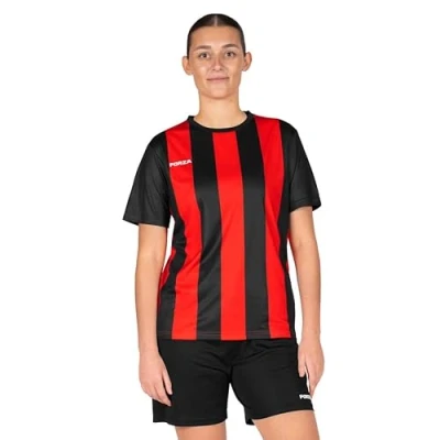 Image of FORZA Women&#039;s Striped Football Jersey [XS XL] Premium Short Sleeve Shirts 5 Stripe Colour Options (UK, Alpha, S, Regular, Black &amp; Red)