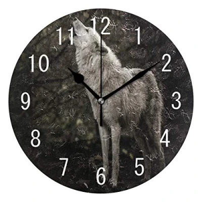 Image of Use7 Home Decor Howling Wolf Night Round Acrylic Wall Clock Non Ticking Silent Art for Living Room Kitchen Bedroom