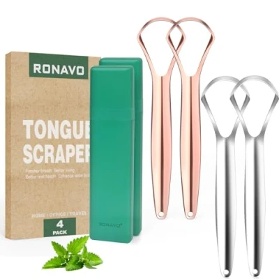 Image of RONAVO Tongue Scraper for Adults (4 PC), Metal Rustproof (Travel Cases Included) Reduce Bad Breath, Cleaner Stainless Steel Oral Care, Easy to Use &amp; Wash, 2 Colors
