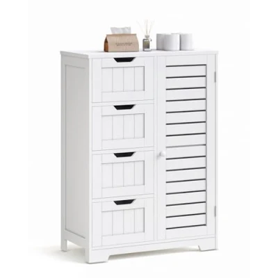 Image of Mondeer Bathroom Floor Cabinet, Wooden Freestanding Storage Unit with 4 Drawers and 1 Louvered Door Adjustable, Shelf for Living Room Kitchen Hallway, 56 x 30 83 cm, White