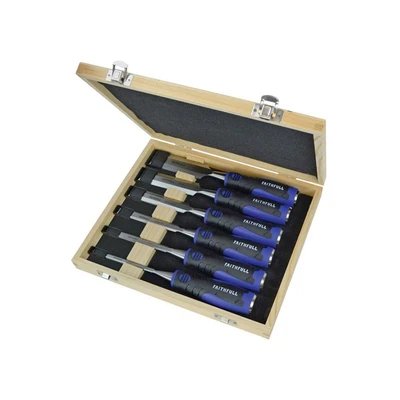 Image of Faithfull FAIWCSGS6WB Soft Grip Bevel Edge Chisel Set of 6 in Wooden Case
