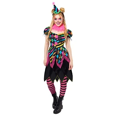 Image of amscan 9917872 Women&#039;s Halloween Funhouse Horror Clown Fancy Dress Costume, Multi, Size: 16 18