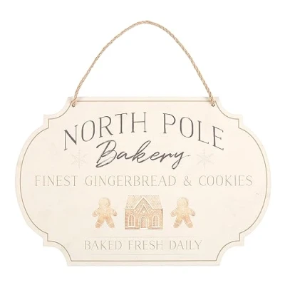 Image of North Pole Bakery Hanging Sign Festive Small Wooden Frame for Christmas Typography, Charming Home Decor