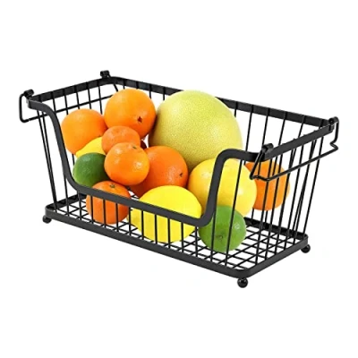 Image of Greenfields® Black Multi Purpose Stackable Storage Wire Basket Stacking Shelves Fruit Vegetable Kitchen Bathroom Rack Stand Organiser With Handles