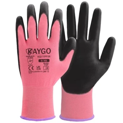Image of KAYGO Work Gloves PU Coated 12 Pairs, KG11PF, Safety Working with Secure Grip on Palm &amp; Fingers, for Men and Women, Ideal General Duty Work, Gardening (X Small, Pink)