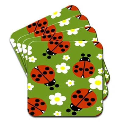 Image of Tiny Red Spotted Ladybugs White Daisy Set Of 4 Coasters