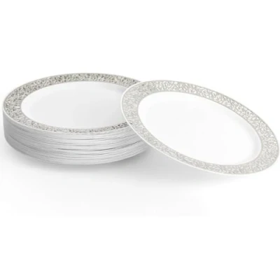 Image of MATANA 20 Premium White Plastic Dinner Plates with Silver Lace Rim, 26cm / 10 Inch Elegant &amp; Reusable Party Tableware for Weddings, Birthdays, Picnic, BBQ, Parties