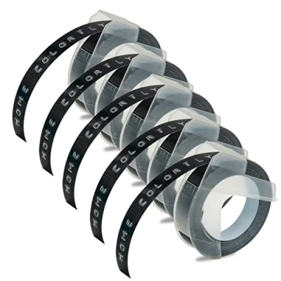 Image of 5 x Embossing Label Maker Tape Compatible with Dymo Omega 9mm 3m Black Self Adhesive 3D Work Junior Makers