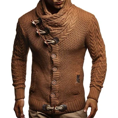 Image of Leif Nelson Men Cardigan Jacket Shawl Collar LN 4195 Camel Small
