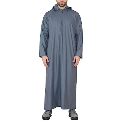 Image of Mens Hooded Thobe Hood Jubba Nehru Stand Collar Islamic Clothing Muslim Kaftan Robe Saudi Slim Regular Fit Grey XXL 60