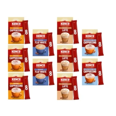 Image of Kenco Instant Coffee Sachets Variety 10 Pack, Cappuccino x3, Latte Unsweetened x2, Flat White Sachet, Total Packs Sachet