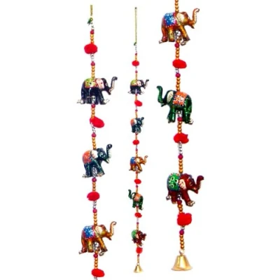 Image of Door Hanging Decorative Seven Hand Painted Elephant Stringed Together with beads and Brass Bell