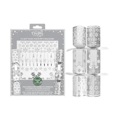 Image of RSW Make Your Own Christmas Crackers with Ties, Mottos, Hats 6 x 13.5 Silver/White Snowflake Design DIY Cracker Set Festive Seasonal Party