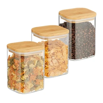 Image of Relaxdays Jars with Bamboo Lids, Set of 3, Square, 900 ml Each, Dry Food Storage, Glass, Transparent/Natural, 13,5 x 10 cm