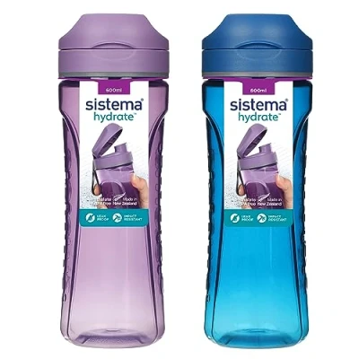 Image of Sistema Swift Sports Water Bottles 600 ml Leakproof Kids Impact Resistant Tritan Plastic BPA Free Ocean Blue &amp; Misty Purple 2 Count