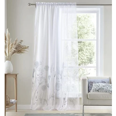 Image of Catherine Lansfield Meadowsweet Floral 55x90 Inch Tab Top Voile Curtain Panel White