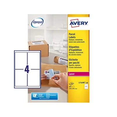 Image of Avery L7169B Printable, Customisable Parcel Labels, Laser Printers, 4 Labels Per A4 Sheet, 400 BlockOut, White
