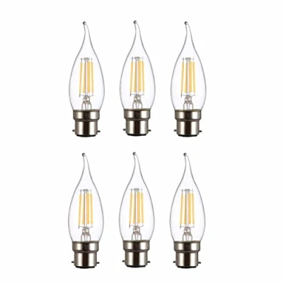 Image of TEKLED® C35 Tail Filament Vintage LED Bulbs Flame Tip B22 Bayonet Cap Energy Saving 4W Light Bulb 40W Equivalent NONDIMMABLE Clear 2700K 470LM 6 Pack Warm White