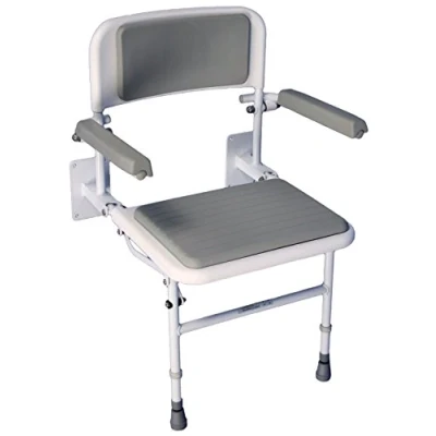 Image of Aidapt Solo Standard Deluxe Shower Seat with Legs and Backrest Padded Arms,Seat Back,Wall Mounted,Fold Flat Against Wall,Clip On/Off seat,Adjustable,Compact,Space Saver,Elderly,Disabled