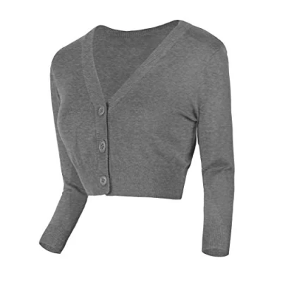 Image of Urban GoCo Women&#039;s Cropped Cardigan V neck Button Down Knitted Sweater 3/4 Sleeve (M, Heather Gray)