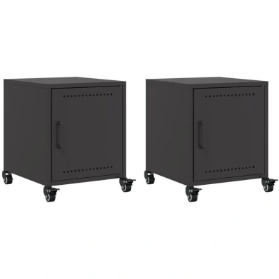 Image of vidaXL Bedside Cabinets/Nightstand/End Tables 2 Pcs Black Steel Cold Rolled Frame, Drawers, 4 Wheels, Handle Bedroom Furniture