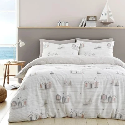 Image of Fusion Nautical Natural Duvet Cover King Bedding Size (230 x 220cm) Reversible (2 Designs) Seaside/Sailing Boats &amp; White with Coastal Theme Beach Huts Bed Set