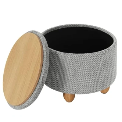 Image of WOLTU SH77hgr Stool with Storage Space, Round Stool, Footstool Lid, Padded Solid Wood Legs, Linen Cover, Diameter 39 x 33 cm, Light Grey