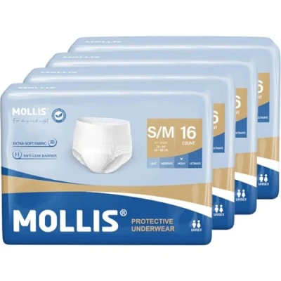Image of MOLLIS Incontinence Pants Women &amp; Men, Adult Pull Up Pants, Unisex Disposable Protective Underwear, High Absorbency, Odor Control, Small/Medium, 64 Count (4 Packs of 16)