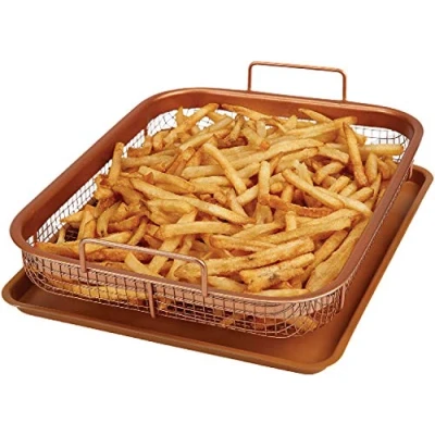 Image of Mantraraj Copper Crisper Tray Non Stick Oven Baking with Elevated Mesh Pan Air Fryer Crisping Grill Basket 2 Piece Set Perfect for Chips, Chiken, Pizza, Fish, Bread, Onion Rings, Cookies