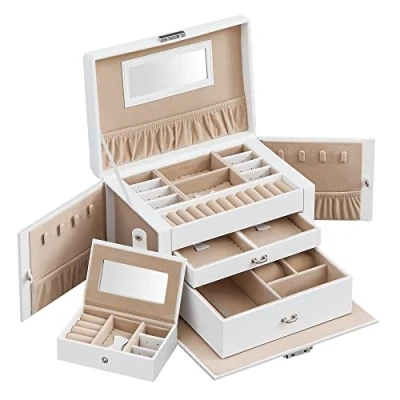 Image of SONGMICS Jewellery Box 3 Layers, Organiser with 2 Drawers, Case Portable Travel Case, Handle, Lockable, Storage, Gift for Loved ones, White JBC121W