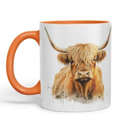Image of Vixar Highland Cow Scottish Farm Animals Watercolour Art Coloured 330 ml Mug Cup Gift Birthday Work Office Tea Coffee (hc5) (Orange)