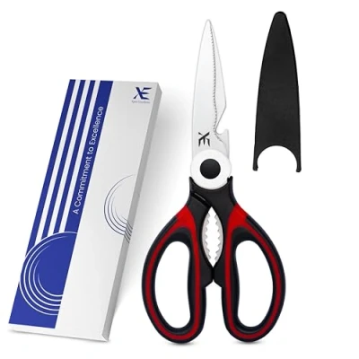 Image of XE Kitchen Shears Heavy Duty Stainless Steel Meat Scissors with Cover for Chicken, Fish, Vegetables, Herbs and Bottle Opener Multipurpose Cooking