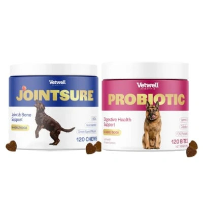 Image of Joint &amp; Gut Health Supplements for Dogs 120 Chews supplement with Glucosamine, MSM, Chondroitin Dog Probiotic Omega 3, Prebiotics Colostrum Supports Mobility, Digestion