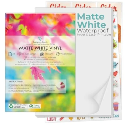 Image of Evergreen Goods 100 A4 Matte White Printable Sticker Paper Vinyl Inkjet Laser Waterproof Sheets Blank Self Adhesive Make Your Own Stickers &amp; Product Labels Ideal for Cricut Cameo Cutters