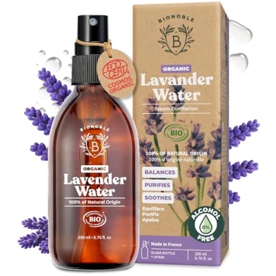 Image of BIONOBLE Organic Lavender Water for Skin Soothes, Purifies &amp; Balances 100% of Natural Origin and Vegan Hydrosol Acne Prone Skin, Body Hair Glass Bottle with Spray 200ml