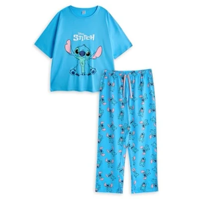 Image of Disney Lilo &amp; Stitch Womens Pyjama Set Adults Graphic Short Sleeve Top Long Leg PJ Bottoms in Blue Ladies Character All Over Print Nightwear Animated Cartoon Movie Merchandise Gift