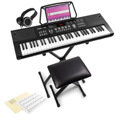 Image of MAX KB15SET 61 Key Beginner keyboard Package with Stand, Stool, Headphones, Microphone, Free 6 Month Gigajam Lessons Portable Electric Music for Beginners, electronic