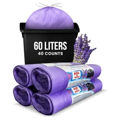 Image of Lavender Scented 4 Rolls 60L Litre, Counts 40 Bin Bags Plastic Liners, Very Strong with Drawstring Trash for Kitchen, Office General Waste or Recycling