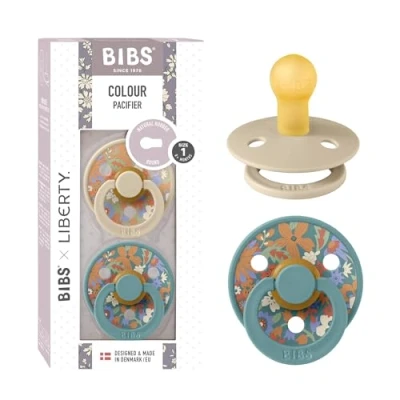 Image of BIBS Liberty Pacifier 2 Colour Natural Rubber Latex Soothers Size 1 (0 6 Months) BPA Free Dummy Round Nipple Designed &amp; Made in Denmark June Blossom Vanilla Hush Mix