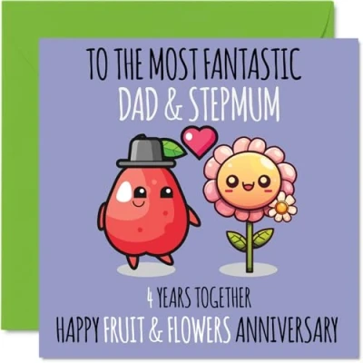 Image of Cute Linen Anniversary Card for Dad &amp; Step Mum 4 Years Together Happy 4th Wedding Cards Dad, 145mm x Greeting Fourth Anniversaries
