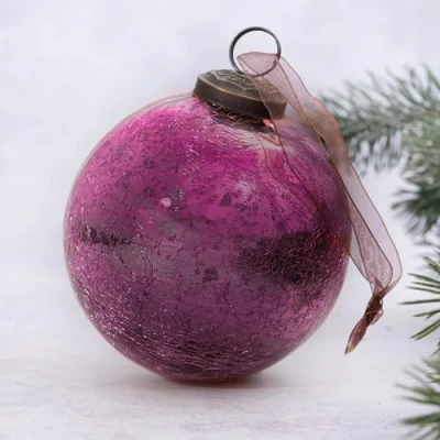 Image of Arthur Cameron Crackle Glass Christmas Tree Bauble Hanging Ball Decoration (4&quot;, Mulberry)