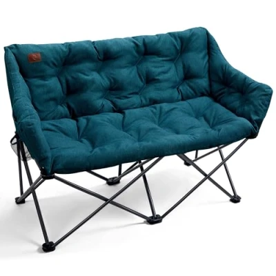 Image of EVER ADVANCED Camping Chair Double for Adults 6cm Padded 320kg Folding 2 Seater Sofa with Side Pocket Dining Garden Outdoor Heavy Duty Luxury Fishing Portable Oversized Comfy Green