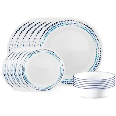 Image of Corelle 18 piece dinner Set, Ocean Blues, Blue and White Service for 6, Chip Resistant Dinnerware, includes 26cm plates, 17cm salad / side plates 530ml soup cereal bowls