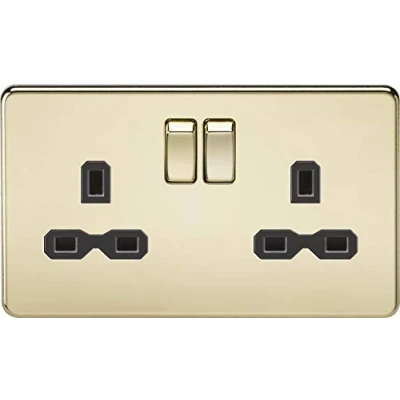 Image of KnightsBridge 13A 2G DP Screwless Polished Brass 230V UK 3 Pin Switched Electric Wall Socket Black Insert