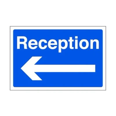 Image of Reception safety sign &quot;arrow left&quot; High tack self adhesive sticker (300mm x 200mm) Viewing Distance within 7m.