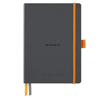 Image of RHODIA 117814C Titanium Soft Bullet Journal Goalbook Notebook A5 Dotted Dot240 pages 90g Ivory Clairefontaine Paper 2 Ribbons, Elastic Closure Faux Leather Cover