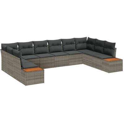 Image of vidaXL 10 Piece Garden Sofa Set with Cushions Grey Poly Rattan Acacia