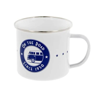 Image of BRISA VW Collection Volkswagen Large Enamel Coffee Tea Mug Cup for Camping &amp; Outdoor T1 Bus Campervan (500 ml/16.9 fl oz/On The Road/White)