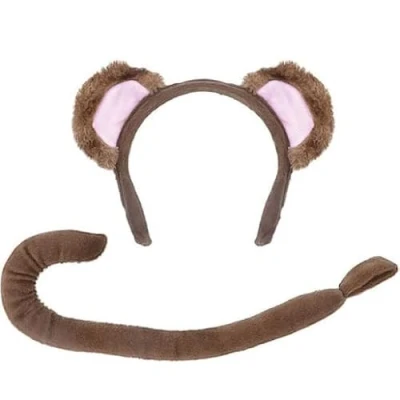 Image of jokeshop Monkey Set (Brown Ears &amp; Tail) Adults Safari Animal Headband Accessory Ape Chimp World Book Day Fancy Dress